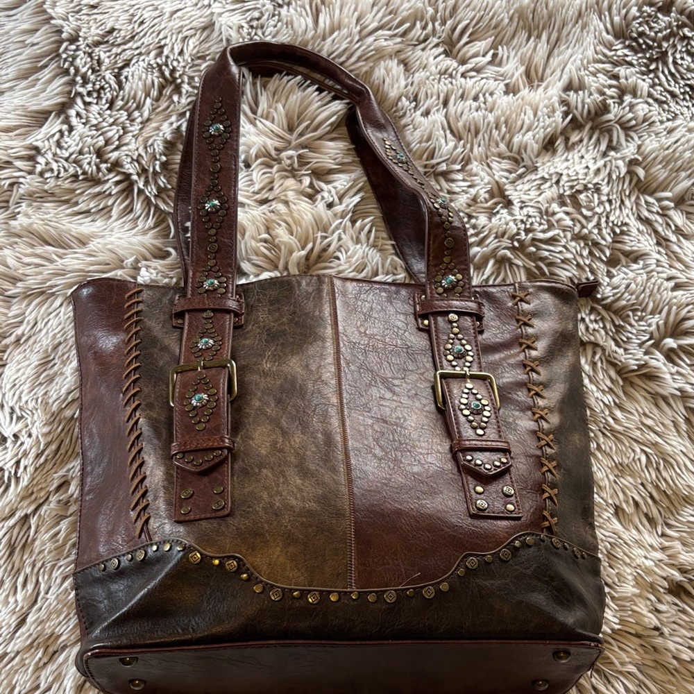 Brown Studded Western Tote Bag